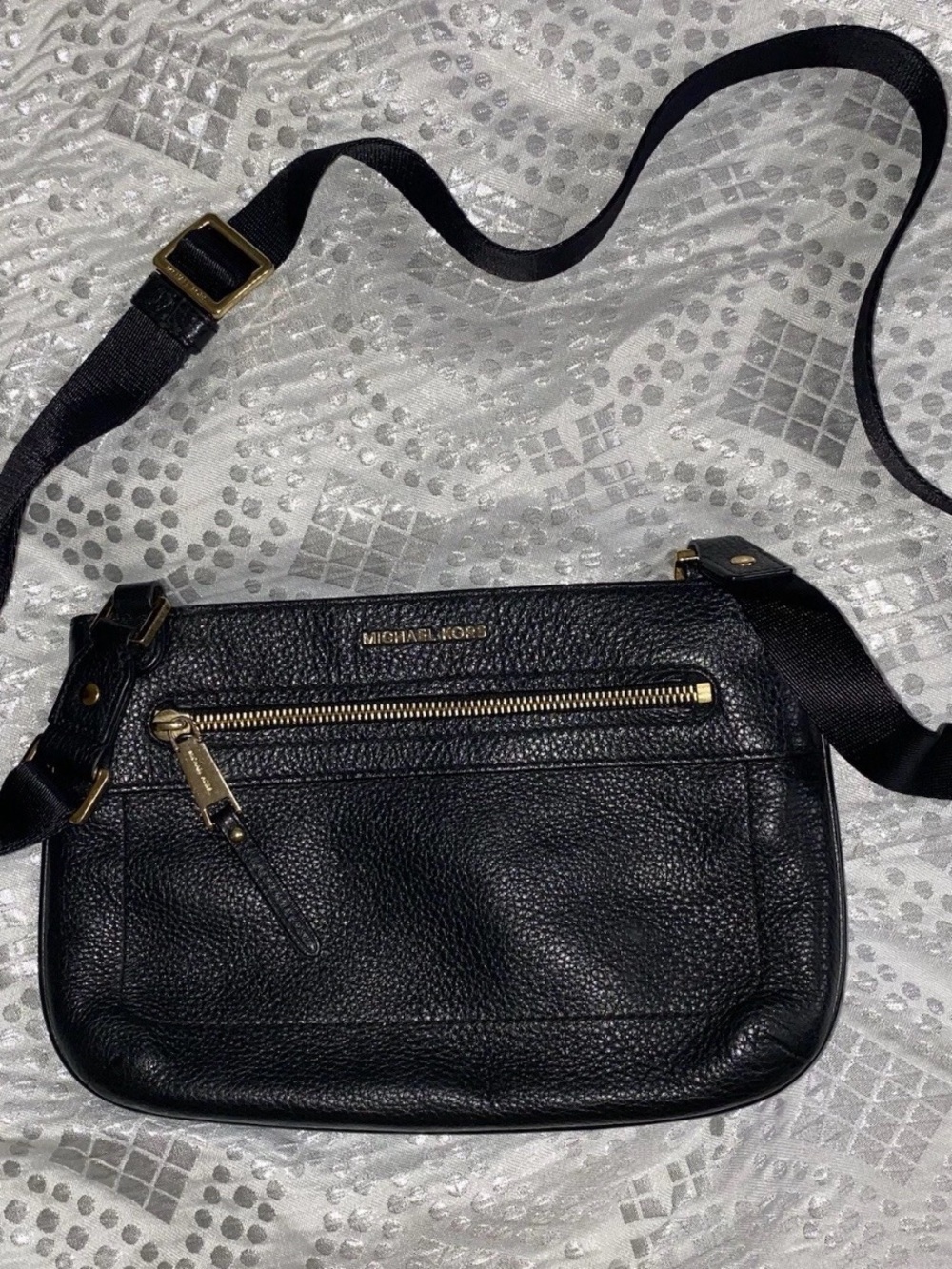 Michael Kors Black Pebbled Leather Adjustable Crossbody with Gold Hardware